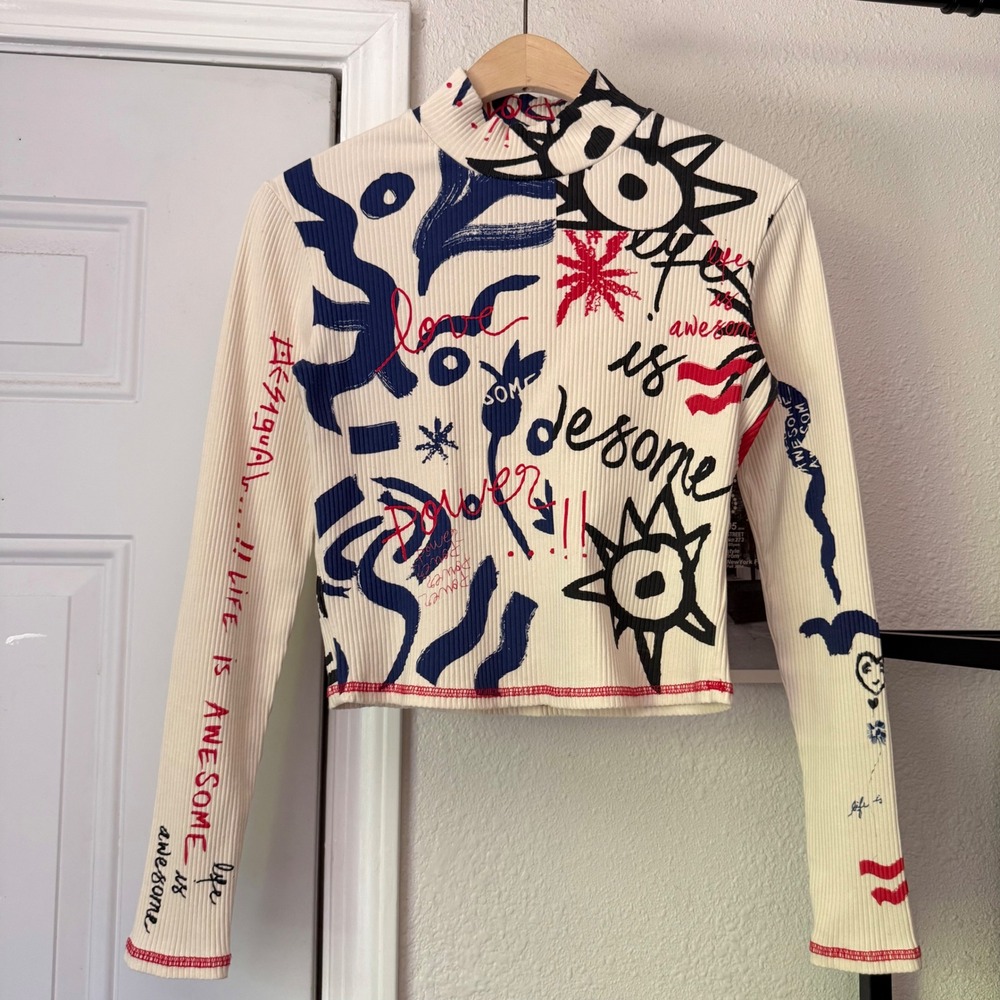 DESIGUAL white blue red squiggle graffiti rib ribbed cropped tee top